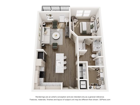 Floor plan for 1 bed, 1 bath, 782 sqft
